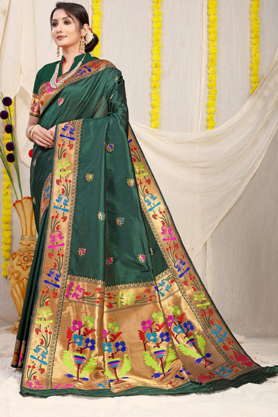Indyancart GR Women's Lotus Dark Green Zari Paithani Silk Saree