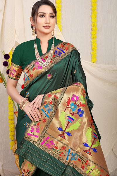 Indyancart GR Women's Lotus Dark Green Zari Paithani Silk Saree