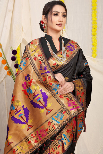 Indyancart GR Women's Lotus Black Zari Paithani Silk Saree