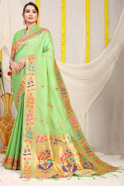 Indyancart GR Women's Lotus Pista Green Zari Paithani Silk Saree