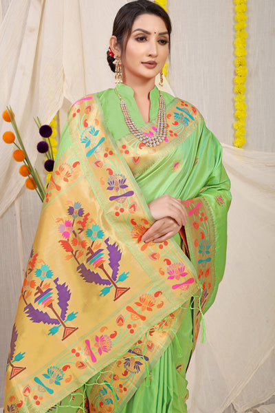 Indyancart GR Women's Lotus Pista Green Zari Paithani Silk Saree