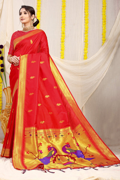 Indyancart GR Women's Gol Mor Red Zari Paithani Silk Saree