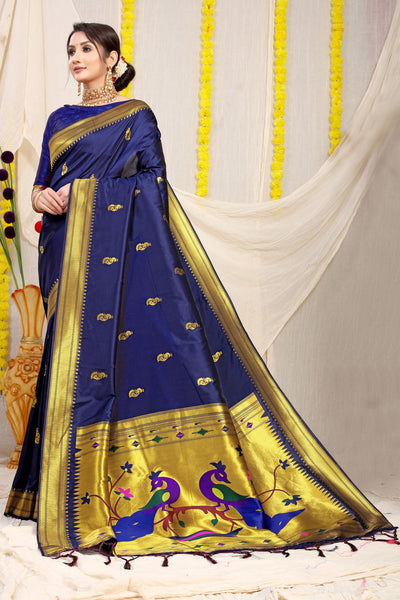 Indyancart GR Women's Gol Mor Navy Zari Paithani Silk Saree