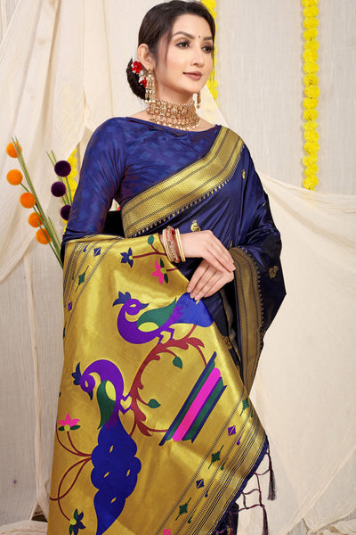 Indyancart GR Women's Gol Mor Navy Zari Paithani Silk Saree