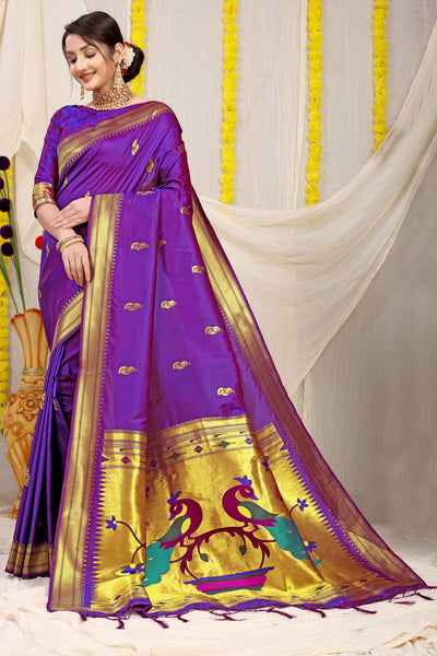 Indyancart GR Women's Gol Mor Purple Zari Paithani Silk Saree