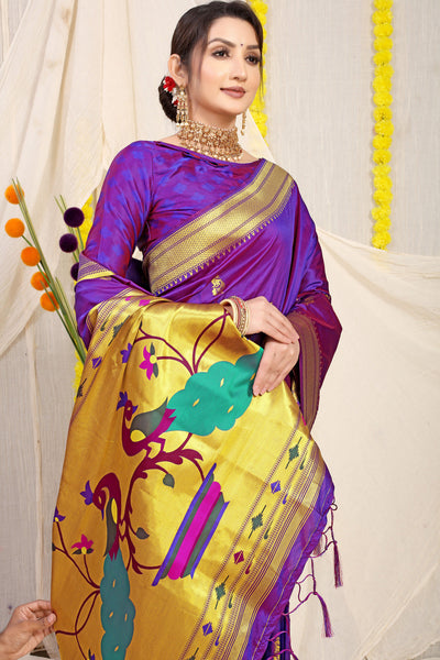Indyancart GR Women's Gol Mor Purple Zari Paithani Silk Saree