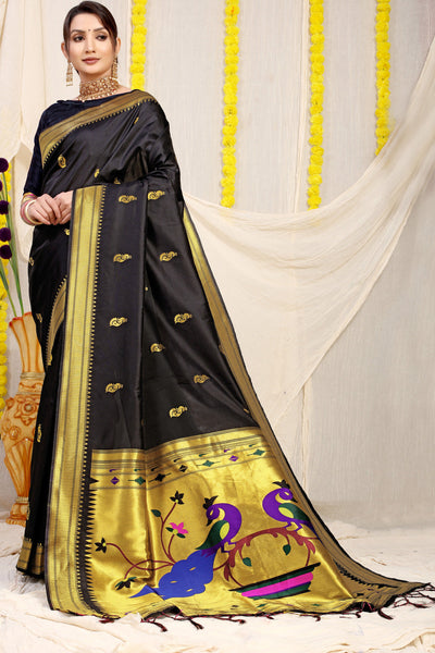 Indyancart GR Women's Gol Mor Black Zari Paithani Silk Saree