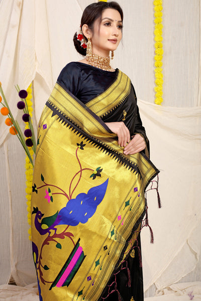 Indyancart GR Women's Gol Mor Black Zari Paithani Silk Saree