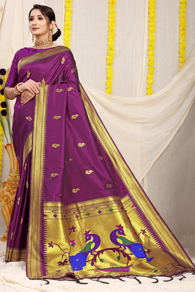 Indyancart GR Women's Gol Mor Wine Zari Paithani Silk Saree