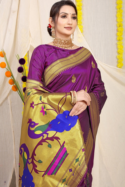 Indyancart GR Women's Gol Mor Wine Zari Paithani Silk Saree