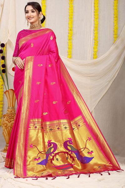 Indyancart GR Women's Gol Mor Fuchsia Pink Zari Paithani Silk Saree