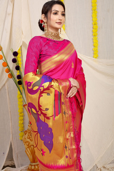 Indyancart GR Women's Gol Mor Fuchsia Pink Zari Paithani Silk Saree