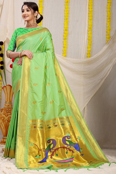 Indyancart GR Women's Gol Mor Mint Green Zari Paithani Silk Saree