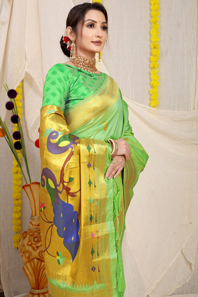 Indyancart GR Women's Gol Mor Mint Green Zari Paithani Silk Saree
