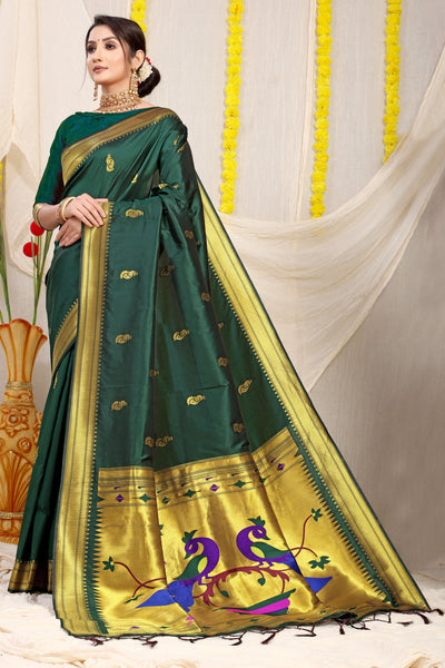Indyancart GR Women's Gol Mor Bottle Green Zari Paithani Silk Saree