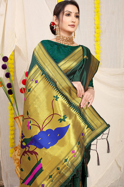 Indyancart GR Women's Gol Mor Bottle Green Zari Paithani Silk Saree