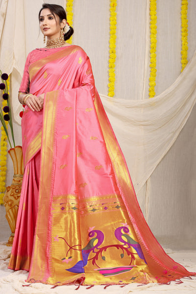 Indyancart GR Women's Gol Mor Light Pink Zari Paithani Silk Saree