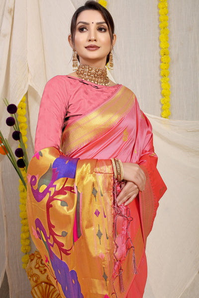 Indyancart GR Women's Gol Mor Light Pink Zari Paithani Silk Saree
