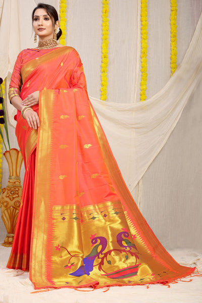 Indyancart GR Women's Gol Mor Orange Zari Paithani Silk Saree