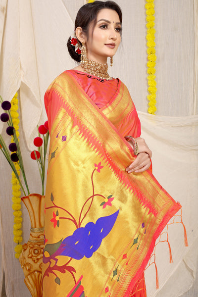 Indyancart GR Women's Gol Mor Orange Zari Paithani Silk Saree