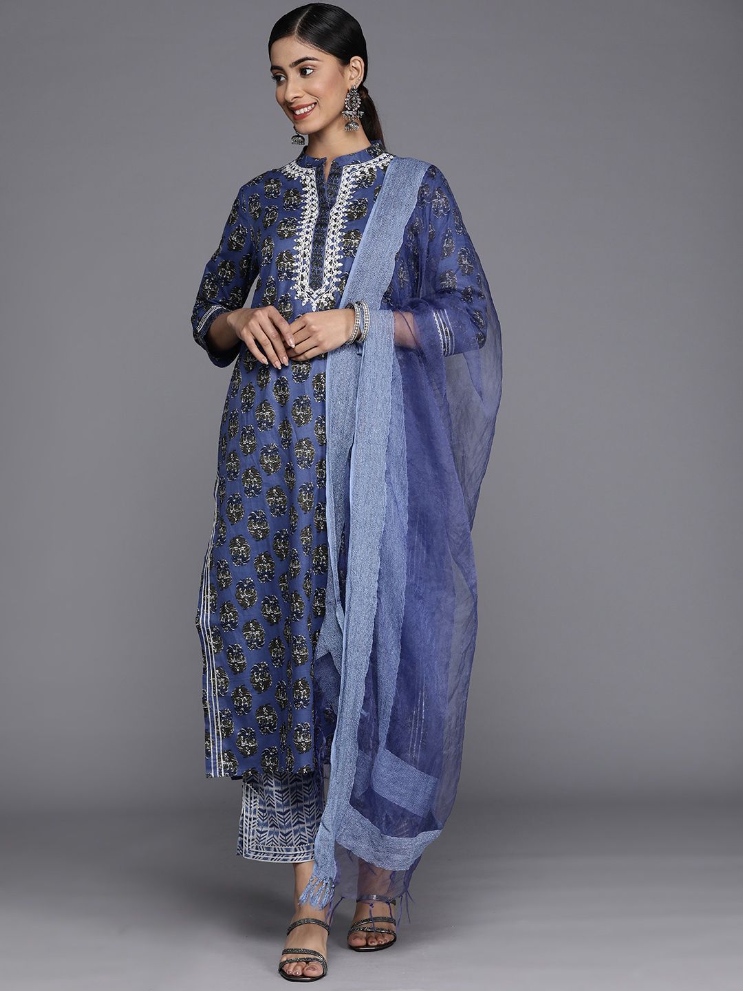 Dhiyona VA Women's Floral Printed Mirror Work Pure Cotton Kurta With Trousers & With Dupatta
