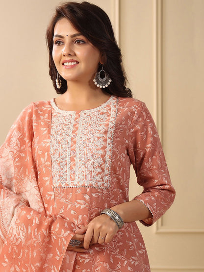 Dhiyona IE Floral Printed Thread Work Pure Cotton Straight Kurta & Trouser With Dupatta