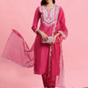 Dhiyona IE Floral Embroidered Yoke Design Kurta With Trousers & Dupatta