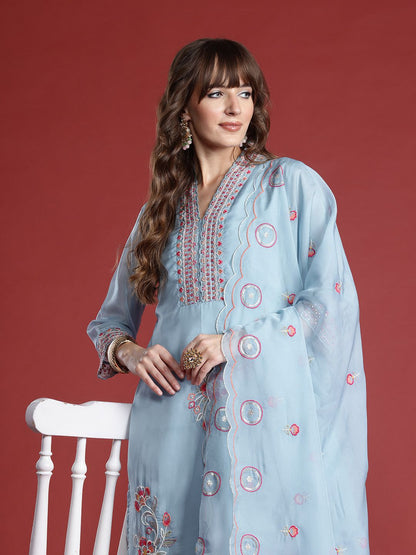 Indyancart IE Floral Embroidered Sequinned Kurta with Trousers & With Dupatta