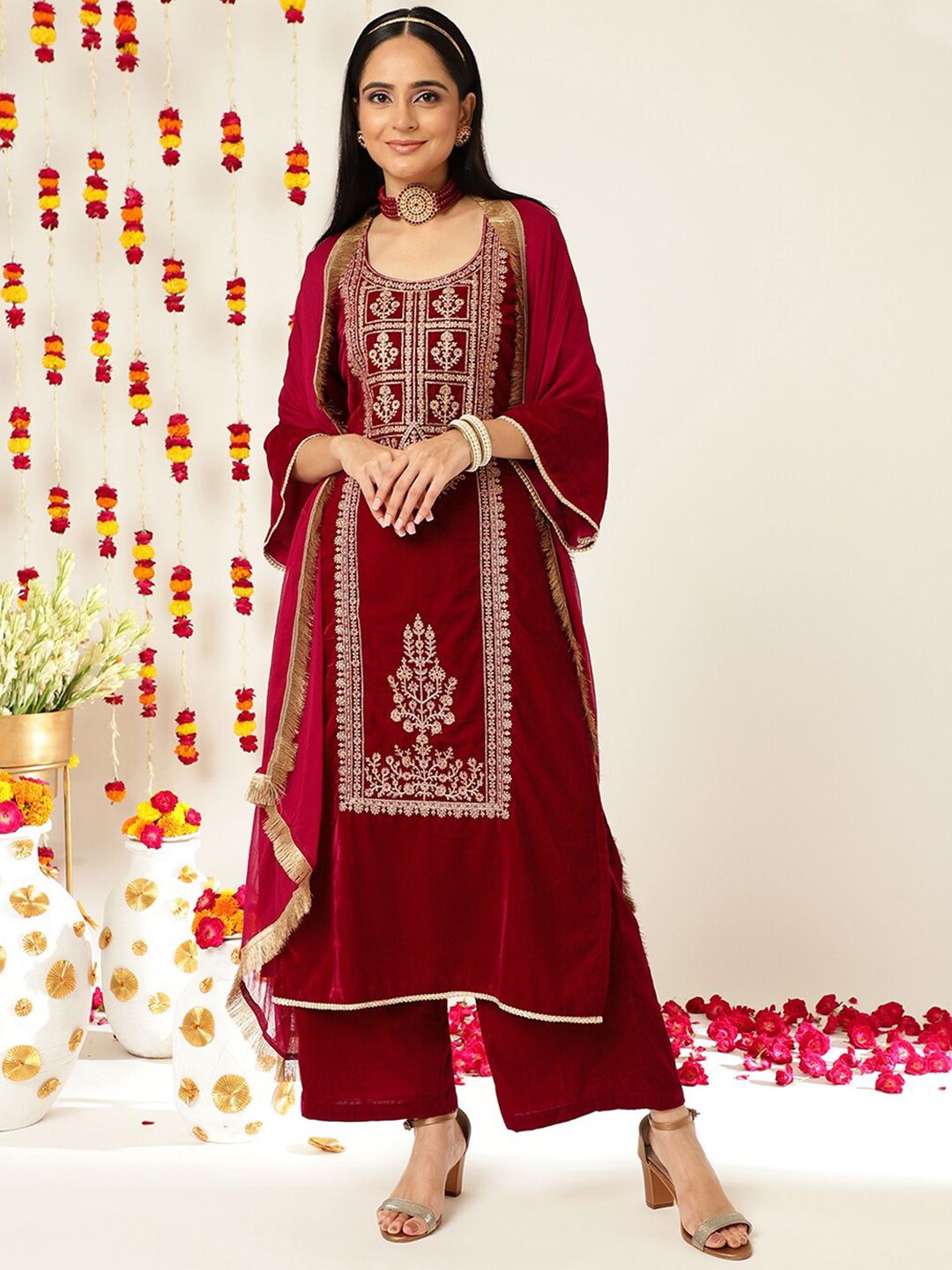 Indyancart VA Burgundy Ethnic Motifs Embroidered Velvet Kurta With Palazzos & Dupatta