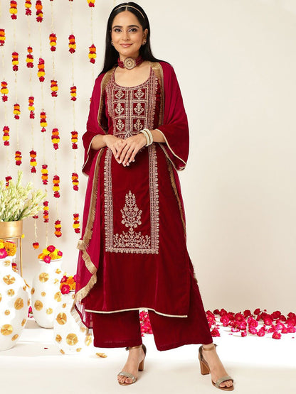 Indyancart VA Burgundy Ethnic Motifs Embroidered Velvet Kurta With Palazzos & Dupatta