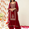Indyancart VA Burgundy Ethnic Motifs Embroidered Velvet Kurta With Palazzos & Dupatta
