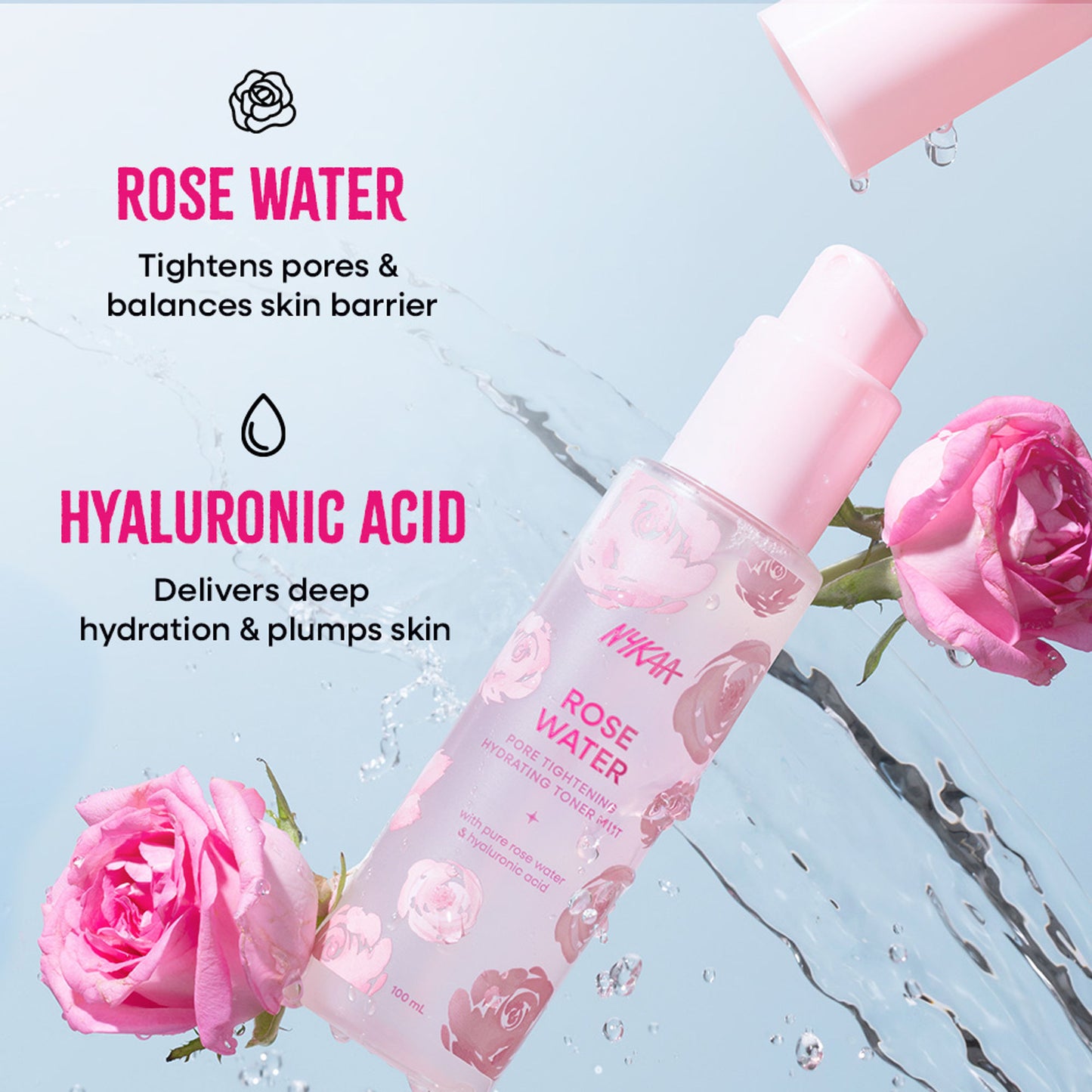 Nykaa Skin Rose Water Toner Mist with Hyaluronic Acid for Intense Hydration & Skin Barrier Repair - Rose Water and Hyaluronic Acid