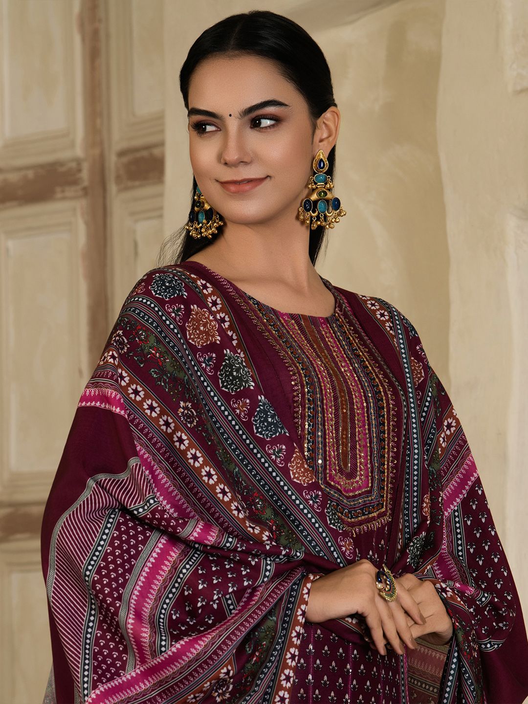 Indyancart SN Women's Floral Printed Round Neck Silk Blend Straight Kurta With Trousers & Dupatta