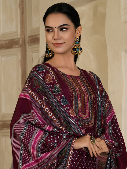 Indyancart SN Women's Floral Printed Round Neck Silk Blend Straight Kurta With Trousers & Dupatta