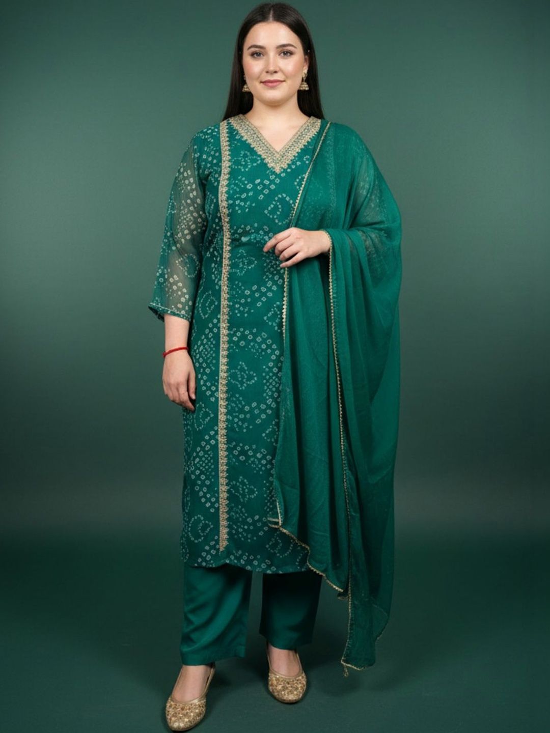 Indyancart Women's Bandhani Printed Regular Gotta Patti Kurta with Trousers & With Dupatta