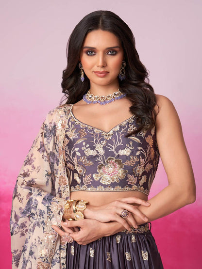 Women Purple Satin silk Sequins embroidery  Lehenga choli & Dupatta