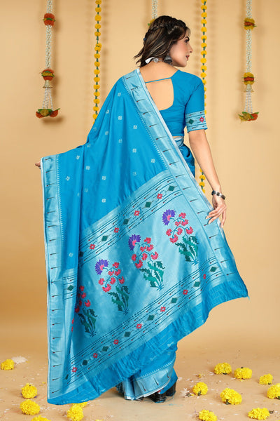 Indyancart GR Women's Mastani 2 Cyan Blue Zari Paithani Silk Saree