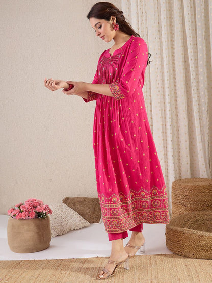 Indyancart IE Floral Printed Pure Cotton Round Neck A-Line Tunic With Trousers Co-Ords