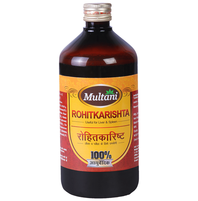Multani Rohitkarishta Ayurvedic syrup in a glass bottle with a label, used for traditional herbal health remedies.