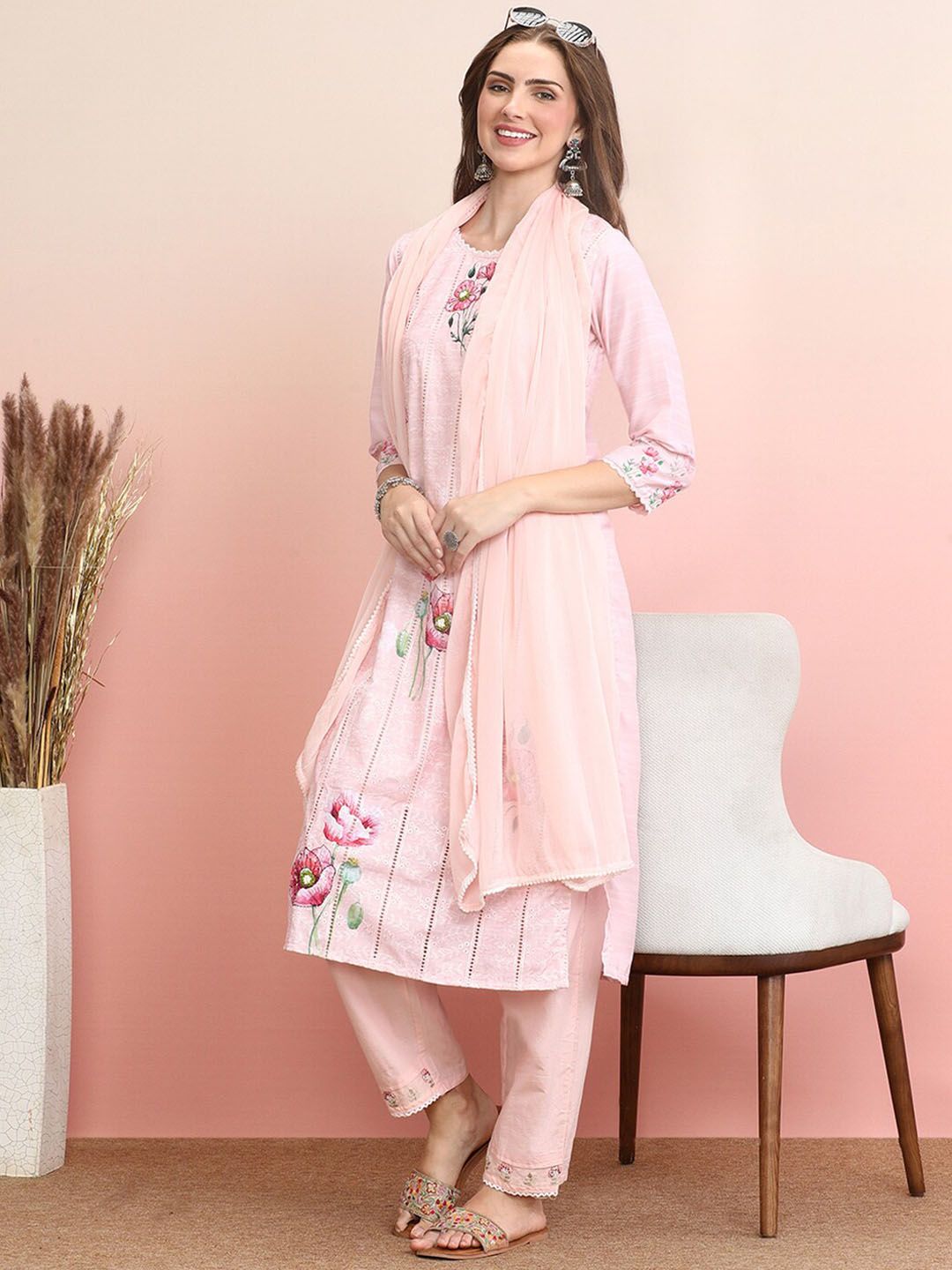 Indyancart IE Floral Embroidered Thread Work Pure Cotton Kurta with Trousers & Dupatta