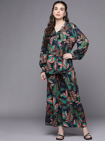 Indyancart IE Women Green & Navy Blue Floral Printed Co-Ords