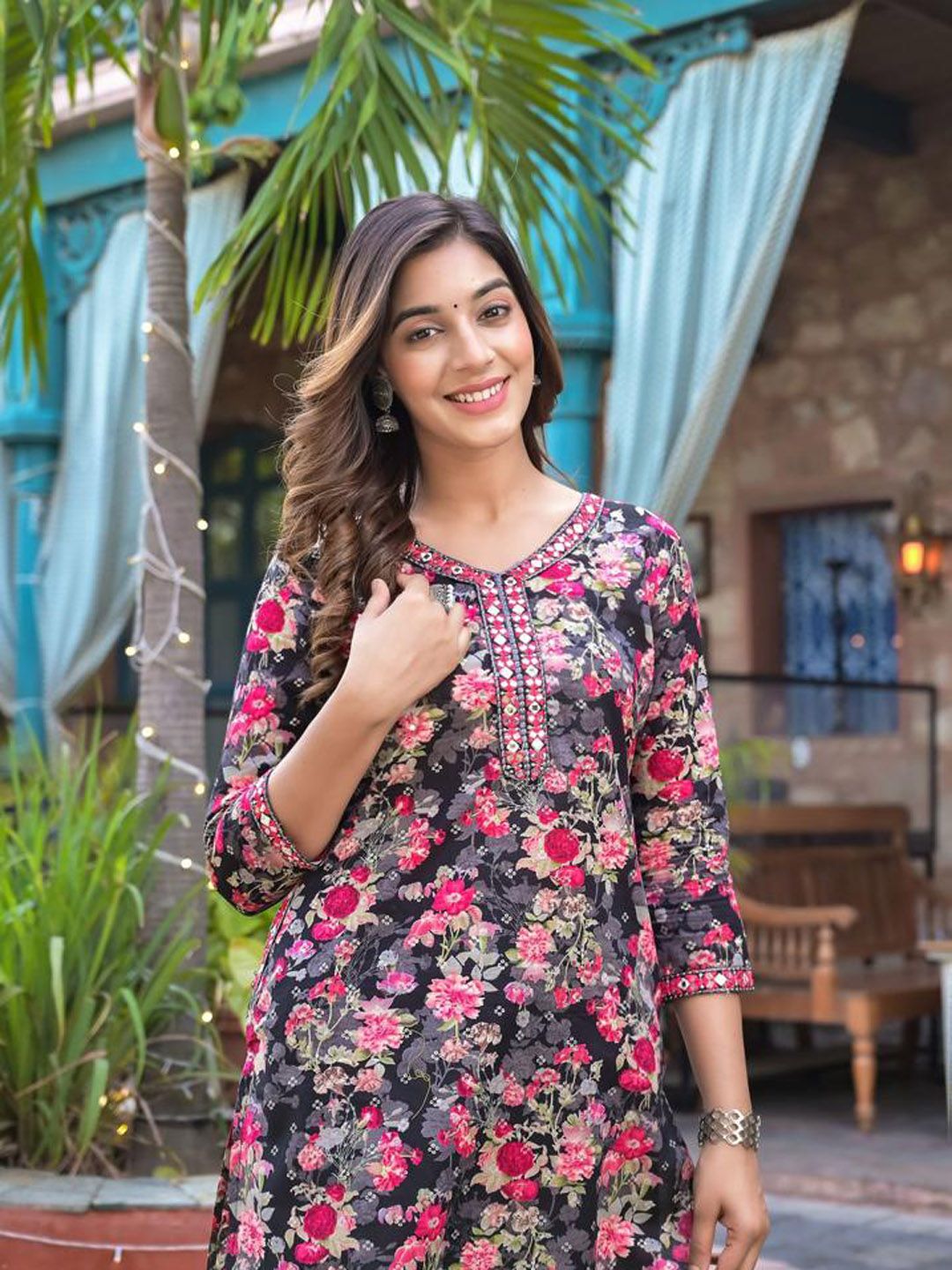 Indyancart VA Women'sFloral Embellished Kurta Paired With Afghani Trouser & Dupatta