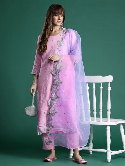 Indyancart IE Ethnic Motifs Zari Embroidered Kurta With Trousers & Dupatta