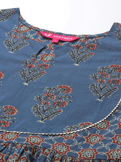 Indyancart VA Women's Blue Ethnic Motifs Printed Pure Cotton Kurta with Trousers & Dupatta