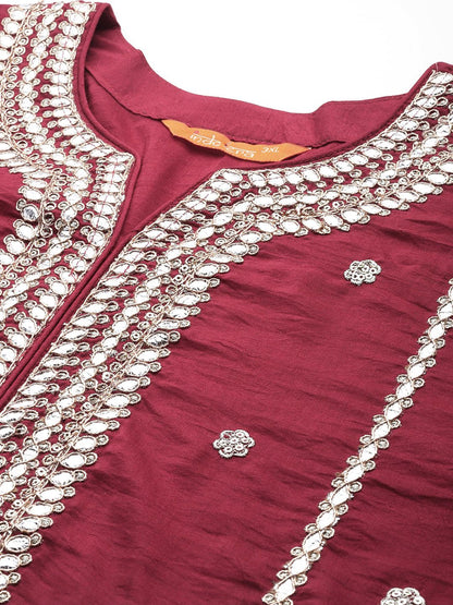 Indyancart Women's Plus Size Ethnic Motifs Embroidered Gotta Patti Kurta with Trousers & Dupatta