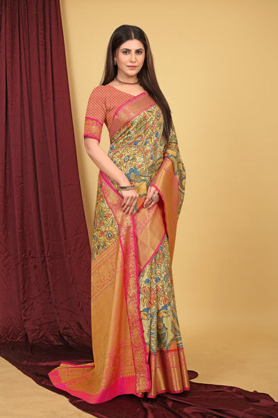 Indyancart GR Women's Mehendi Green Kalamkari Silk Saree