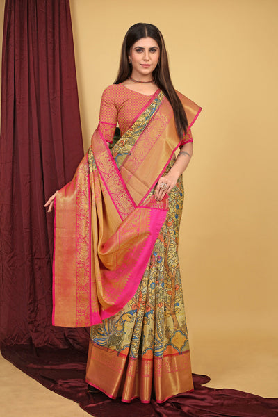 Indyancart GR Women's Mehendi Green Kalamkari Silk Saree