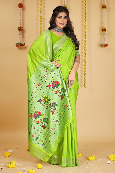 Indyancart GR Women's Mastani Parrot Green Zari Paithani Silk Saree