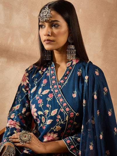 Indyancart IE Women Floral Printed Angrakha Beads and Stones Pure Cotton Kurta with Trousers & With Dupatta