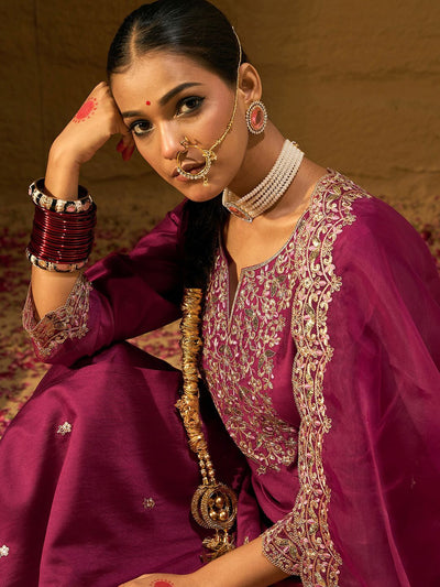 Indyancart IE Floral Embroidered Sequinned Liva Kurta with Trousers & Dupatta